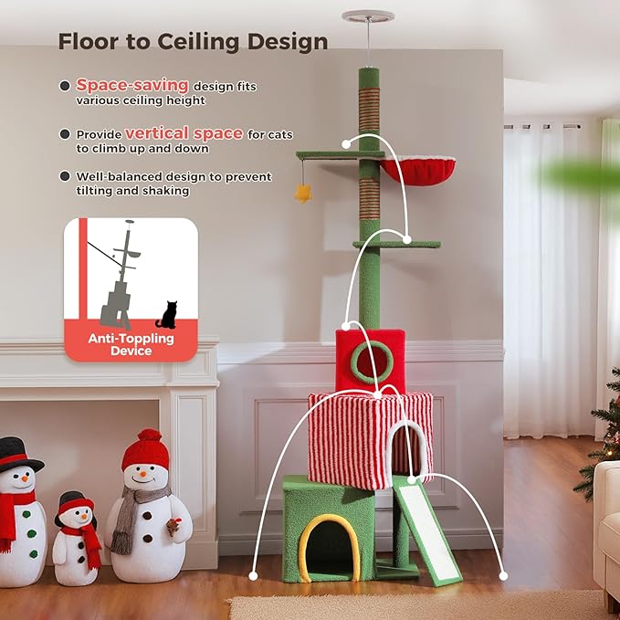 Christmas Cat Tree, Floor to Ceiling Tall Cat Tower (Adjustable Height 83"-108.7") with 3 Spacious Condos, Scratching Posts, Climbing Ladder, Hammock & Detachable Cat Toy for Indoor Cats