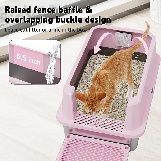 RIZZARI Stainless Steel Litter Box: Pink Leakproof Open Top Tray - Large Size Odor Control for Cats Under 20 lbs - with Deodorizer - 2 Pack - for Laundry Room Restroom