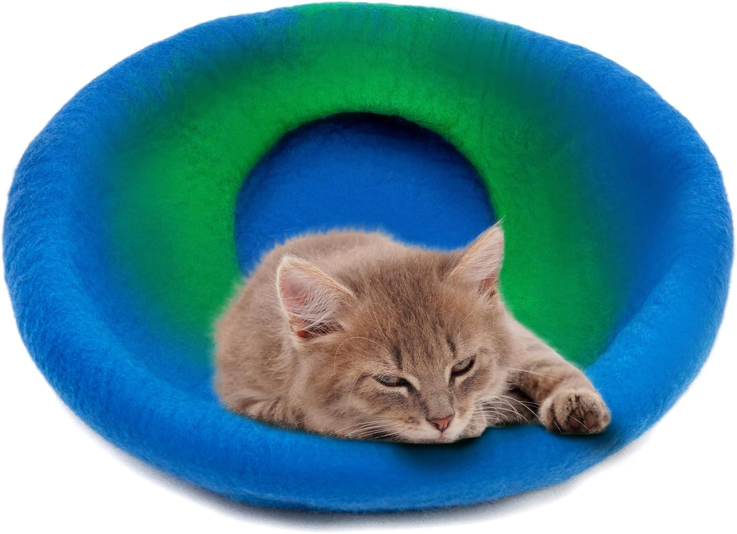 Woolygon Premium Felt Cat Cave Bed – Wool Kitty Beds Handcrafted Kitten Caves Bed for Indoor Cats - Made from 100% Eco-Friendly Merino Wool, Foldable Cat Hidewawy Covered Cat Houses (Emerald Indigo)
