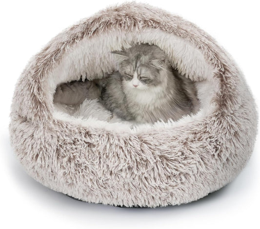 CATISM Plush Hooded Cat Bed, Calming Nest, Self-Warming Cave, Cozy Pod for Indoor Cats or Small Dogs, Removable Washable Cove With Non-Slip Bottom