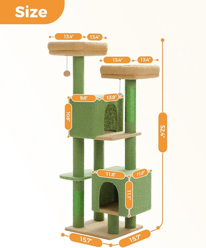 52.4" Cactus Cat Tree, Cute Cat Tower for Indoor Cats with 2 Padded Perches, 2 Cozy Condos & Sisal Scratching Posts, Green