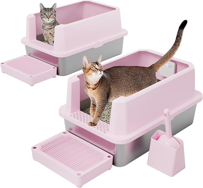 RIZZARI Stainless Steel Litter Box: Pink Leakproof Open Top Tray - Large Size Odor Control for Cats Under 20 lbs - with Deodorizer - 2 Pack - for Laundry Room Restroom