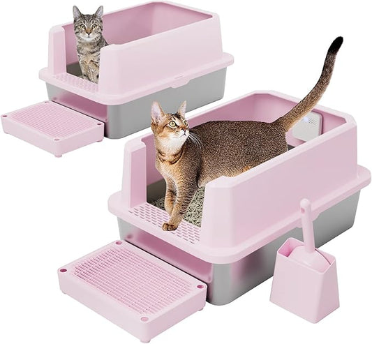 RIZZARI Stainless Steel Litter Box: Pink Leakproof Open Top Tray - Large Size Odor Control for Cats Under 20 lbs - with Deodorizer - 2 Pack - for Laundry Room Restroom
