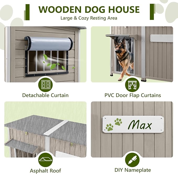Large Dog House Outdoor XL Wooden Dog House with Weatherproof Asphalt Roof, Chew-Resistant Frame, Removable Floor, for Medium to Large Dogs Indoor Outdoor Use (Grey, 55.1"L x 33.1"W x 34.8"H)