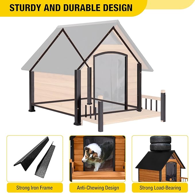 Outdoor Heated Dog House with All-Around Insulated Liner Weatherproof Puppy Shelter Indoor Dog Kennel, Anti-Bite Dog Home for Large Breed with Porch (Brown-2, 50.8" D x 37.4" W x 37.2" H)