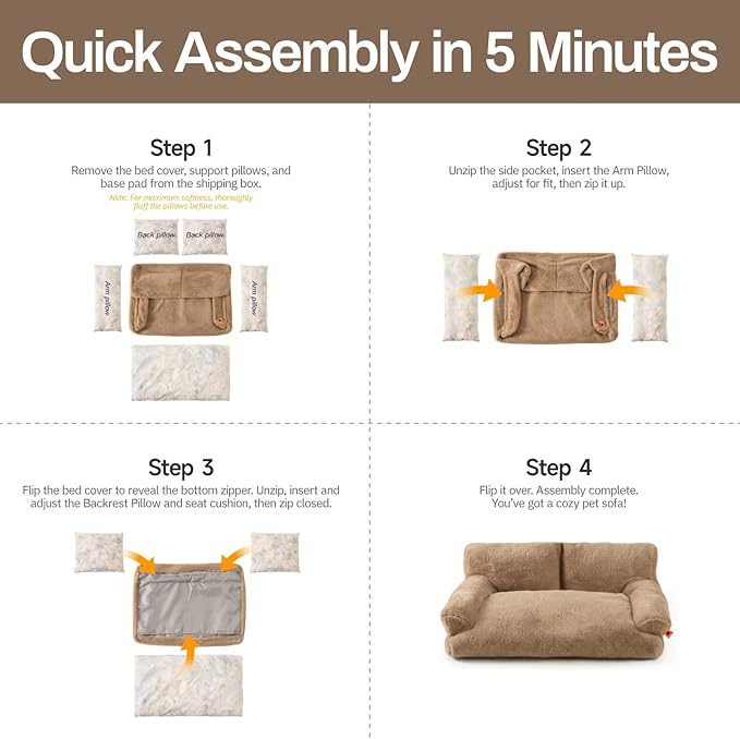 MEWOOFUN Cat Bed for Indoor Cats, Washable Dog Beds for Small Medium Dogs & Cats, Fluffy Cat Couch with Non-Slip Bottom, 26×19×13 Inch (Camel, 33.5" L x 25.6" W x 11.5" Th)