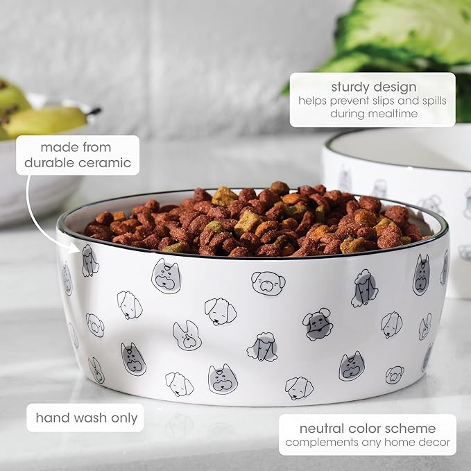 Pearhead Ceramic Dog Bowl Large 9 Cup – Puppy Faces Pattern, Durable Heavyweight Pet Food & Water Bowl, Neutral Modern Design, for Pet Parents, XL