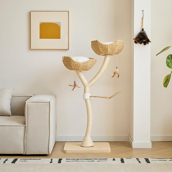 51" Tall Modern Luxury Cat Tree Tower Cat Scratching Post with Handwoven Baskests for Multiple Cats Furniture for Cat Lover Gifts(51" Natural)