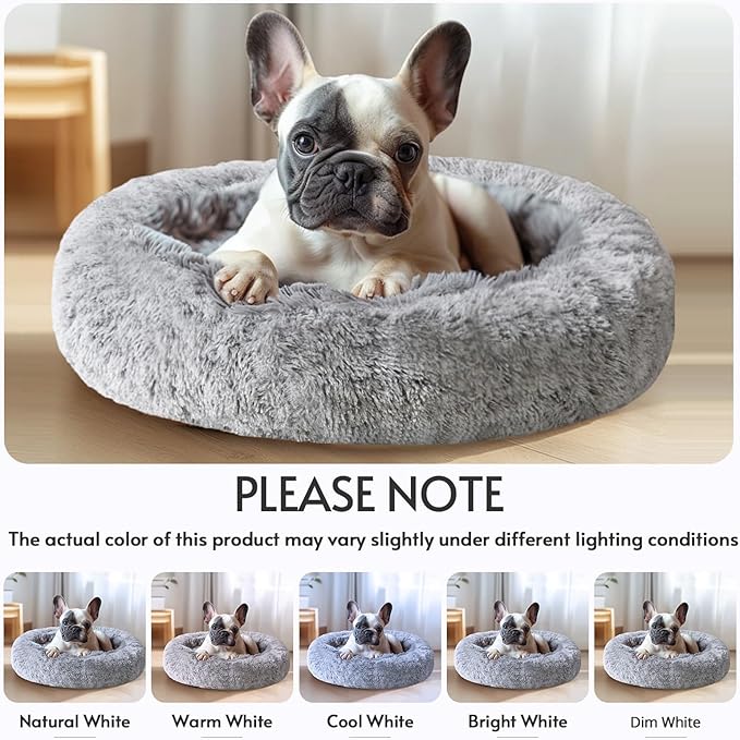 JOLLYVOGUE Small Dog & Cat Beds for Indoor Cats, Donut Cuddler Warming Soft Dog Beds with Anti-Slip Bottom, Round Calming Fluffy Plush Faux Fur Cushion Bed for Large Dogs (36", Smoke Grey)