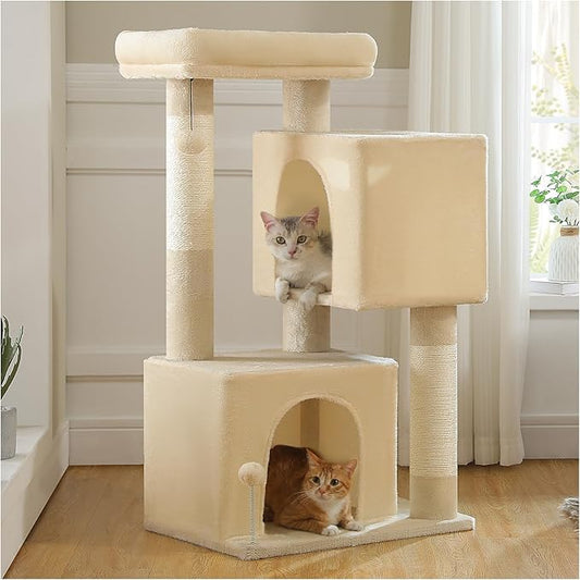 XL Cat Tree 44" Cat Tower for Large Cats 20 lbs+, 2 Spacious Caves with 3.4" Thickened Scratching Post, Large Top Perch, 2 Interactive Toys, Beige
