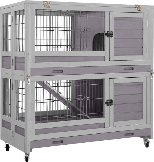 Aivituvin Large Rabbit Hutch Indoor and Outdoor Folding Bunny Cage on Wheels Guinea Pig Cage with Deep No Leak Pull Out Tray,Upgrade Version (Light Gray)