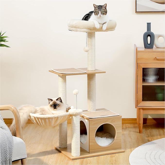 Modern Cat Tree for Indoor Cats, Small Cat Tower with Cat Condo, Scratching Posts, Top Perch and Metal Frame Hammock, Wooden Play House with Anti-Slip Mat, Beige