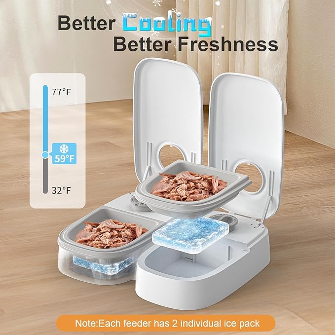 Automatic 2-Meal Cat Feeder - 48H Timed Wet Cat Food Refrigerated Dispenser with 2 Ice Packs for Puppies and Kittens in Yogurt and Canned (Extra Large)