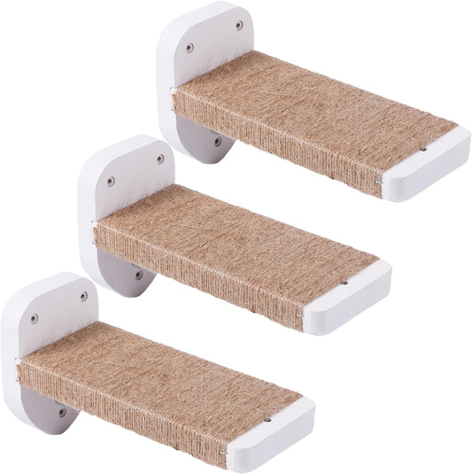 3-in-1 Cat Wall Steps with Hemp Rope, Solid Wood Cat Ladder for Climbing and Playing (Large-White)