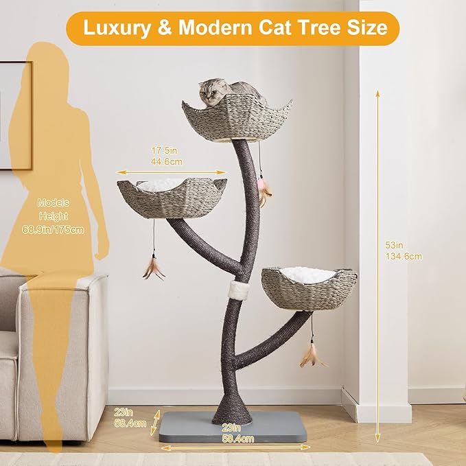 52” Tall Modern Gray Cat Tree Tower for Large Cats| Cat Scratching Posts with Hand-Woven Baskets | Luxury Cat Condo for Indoor Multiple Cats | Cat Furniture for Gifts （52” Gray ）