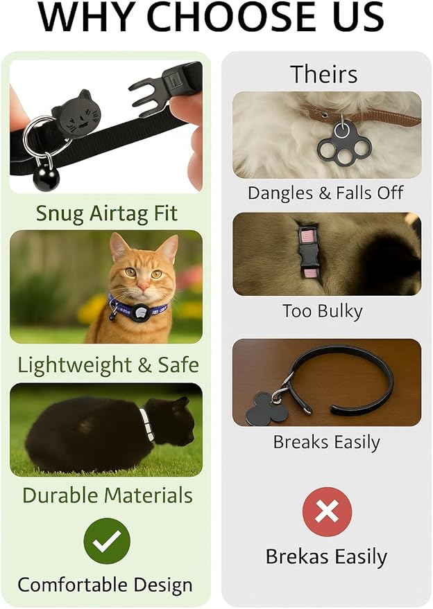 Adorable AirTag Cat Collar with Elastic, Durable Apple AirTag Holder – Lightweight, Comfortable & Adjustable Design with Breakaway Safety and Bell – Cute Choice for Girl & Boy Cats