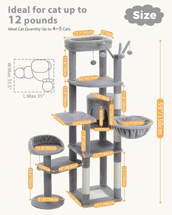 Cat Tree for Large Cats, 59-inch Tall Cat Tower with 3 Removable Pompom Sticks, Condo, Large Hammock, Scratching Post & 2 Perches, Grey