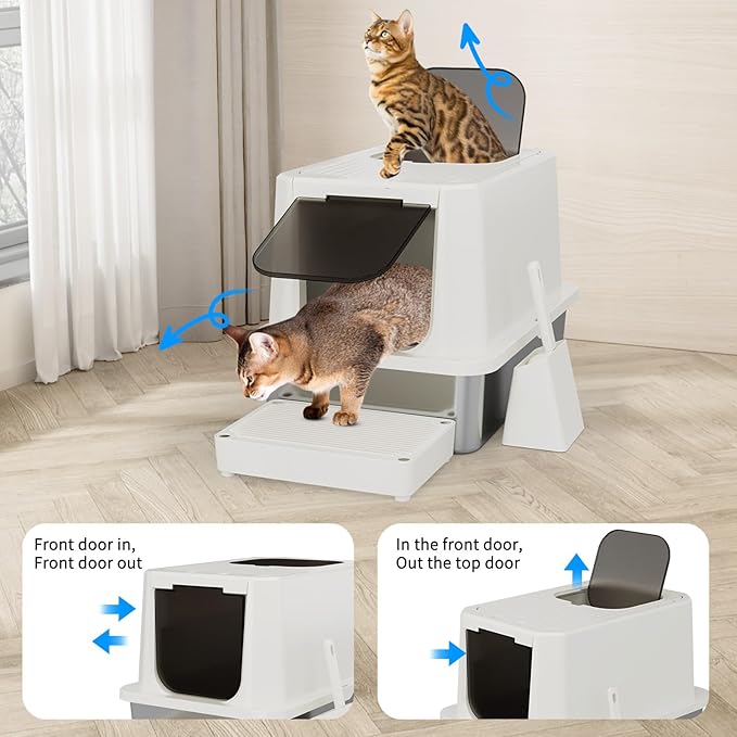 RIZZARI Stainless Steel Cat Box: Leak-Proof Large Enclosed Litter Pan Indoor Odorless Tray for Multiple Cats - Beige - for Cats Under 20 lbs - Ideal for Laundry Room Balcony