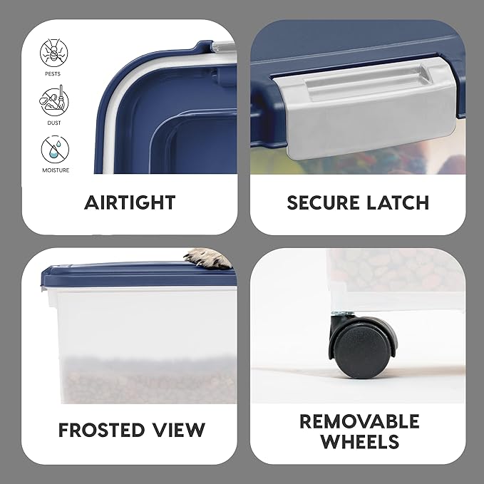 IRIS USA Airtight Pet Food Storage Container, Up to 54 lbs, Attachable Wheels, For Dog Cat Bird and Other Pet Food Storage Bin, Keep Fresh, Easy Mobility, BPA Free, Navy/Pearl