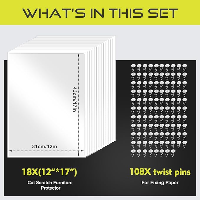 Anti Cat Scratch Furniture Protector, 18-Pack Couch Protector from Cat Claws for Sofa Corners, Walls & Doors – Heavy-Duty, Easy-to-Apply Shields with 108 Twist Pins