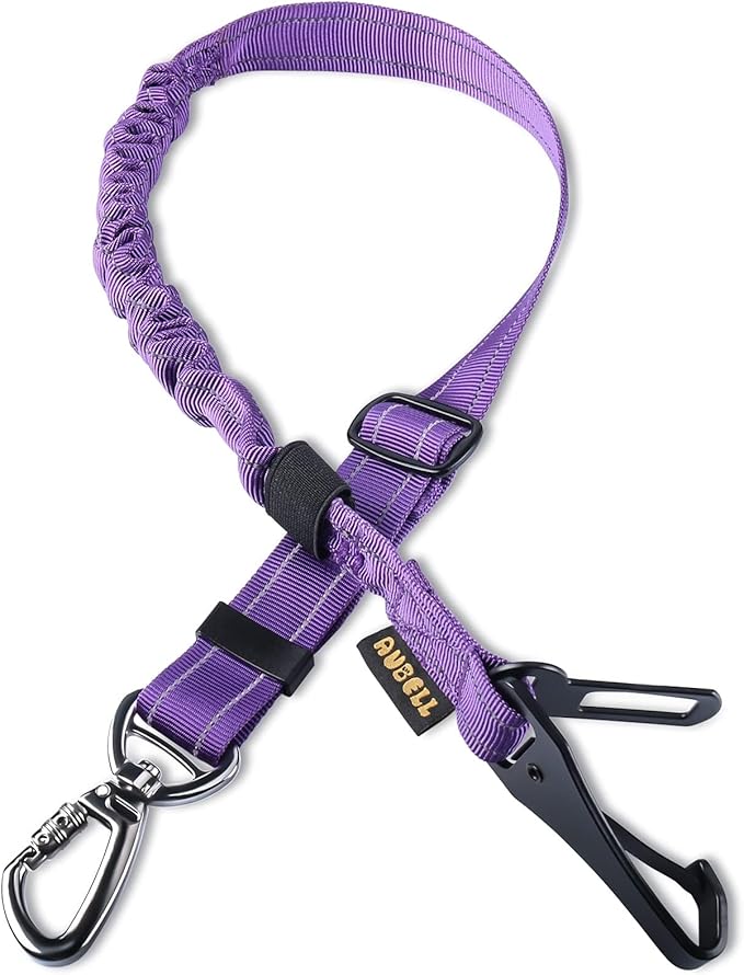 AUBELL Dog Seat Belt for Car,Updated 3-in-1 Adjustable Reflective Bungee Heavy Duty Dog Car Harness Tether with Clip Hook Latch & Buckle,Swivel Zinc Alloy Carabiner,Purple