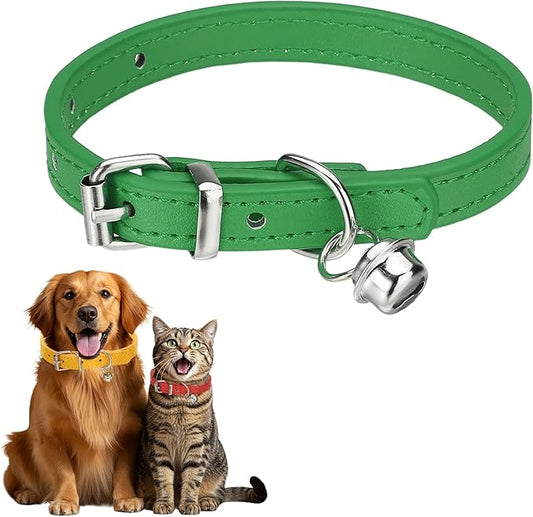 Dog Collar with Bell, Pu Leather Cat Collars Pet Basic Soft Padded Adjustable Buckle, 10" (Green, 1 Pcs), Intended for Teacup/Little Dog/Kitten Cats/Small Animals