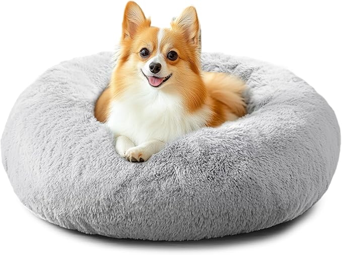 JOLLYVOGUE Calming Dog & Cat Bed for Small Dogs, Anti-Anxiety Donut Cuddler Cozy Soft Round Bed with Anti-Slip Bottom, Fluffy Faux Fur Plush Cushion Beds for Small Dogs, (23", Smoke Gray)