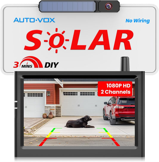 AUTO-VOX Solar Wireless Backup Camera:5" HD 1080P Monitor,3 Mins DIY Installation & 5000 mAh Battery Powered Solar Back Up Camera Systems, IP69K Waterproof Reverse Camera for Car, Van, Truck, Trailer