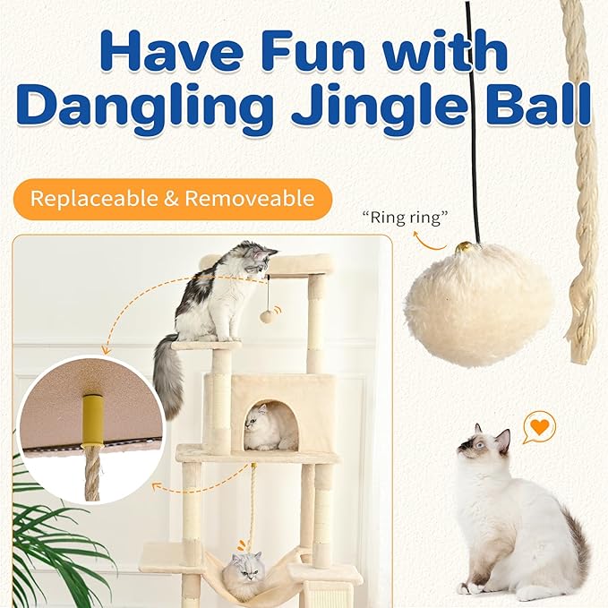 Cat Tree Tower 63in Multi-Level Cat Tower for Indoor Cats with Sisal Scratching Posts, Condo, Hammock, Dangling Ball and Extended Platform for Cats to Play, Beige