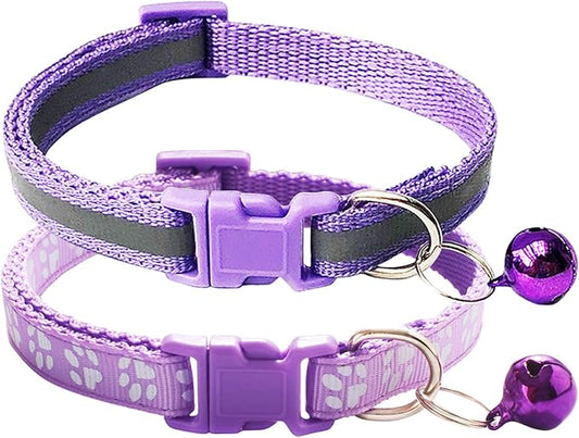 CHBORCHICEN 2-Pack Footprint & Reflective Cat Collar with Bell Basic Dog Cat Collar Buckle Adjustable Polyester Cat Dog Collar or Seatbelts (Small, Light Purple)
