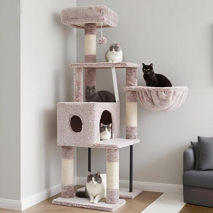 Heybly Cat Tree, 49.2 Inches Cat Tower for Indoor Cats, Spacious Cat House Condo with Hidden Space，Sturdy Steel Tube，Soft Plush Top Perch，Cozy Hammock and Sisal Scratching Posts, Muchroom HCT200SMU