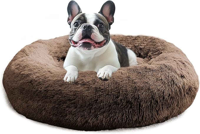 JOLLYVOGUE Small Dog & Cat Beds for Indoor Cats, Donut Cuddler Warming Soft Dog Beds with Anti-Slip Bottom, Round Calming Fluffy Plush Faux Fur Cushion Bed for Medium Dogs (27", Coffee)