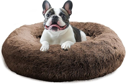 JOLLYVOGUE Small Dog & Cat Beds for Indoor Cats, Donut Cuddler Warming Soft Dog Beds with Anti-Slip Bottom, Round Calming Fluffy Plush Faux Fur Cushion Bed for Medium Dogs (27", Coffee)