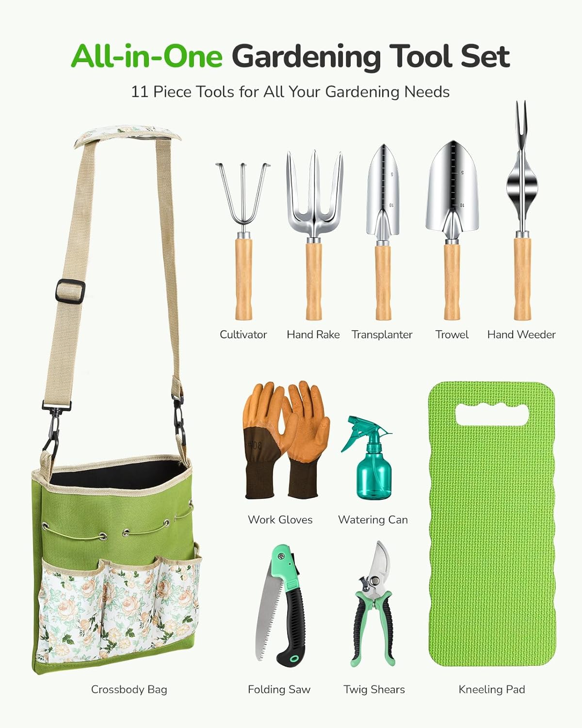 All-in-One Garden Tool Set, 11-Piece Heavy Duty Gardening Tools with Ergonomic Canvas Shoulder Crossbody Bag, Rust-Proof Premium Garden Tool Kit, Gardening Gift for Women Men, Green, GR003
