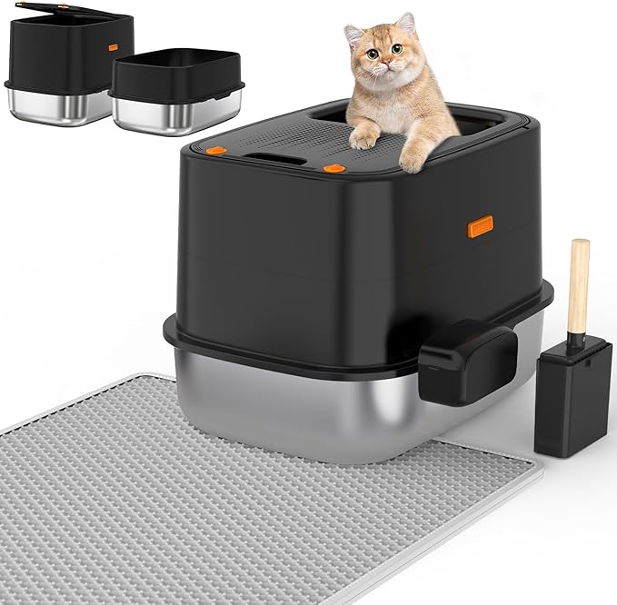 Enclosed Stainless Steel Cat Litter Box with Lid, XL Extra Large Litter Box for Big Cats, Metal Litter Pan High Sided, Never Absorbs Odors, Anti-Urine Leakage, Include Scoop (V-Black)