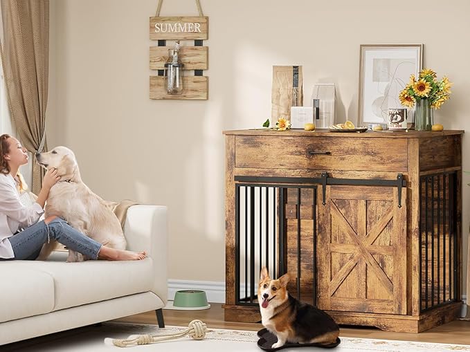 37.8" Dog Crate Furniture, Farmhouse Style 2-in-1 Dog Crate with Sliding Barn Door for Small/Medium Dogs, Dual Function as Side Table with Storage Drawer, 2-in-1 Iron-Wood Fusion Design, Brown