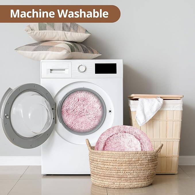 JOLLYVOGUE Small Dog & Cat Beds for Indoor Cats, Donut Cuddler Warming Soft Dog Beds with Anti-Slip Bottom, Round Calming Fluffy Plush Faux Fur Cushion Bed for Medium Dogs (27", Smoke Pink)