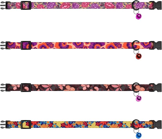 4PCS Breakaway Cat Collars with Bell - Cute Soft Adjustable Safety Kitten Collars 4-Pack - Nylon Pet Collars Nature Tribal Striped Floral Space Aztec Flowers Print (Floral)