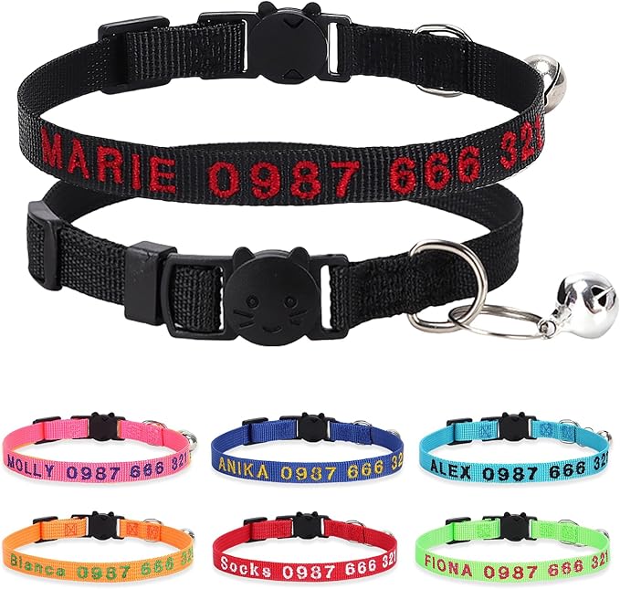 Personalized Cat Collars, Embroidered with Pet Name and Phone Number, Adjustable Nylon Breakaway Safety Release Buckle ID Collar,Custom Text with Bell for Cat or Kitten,Black