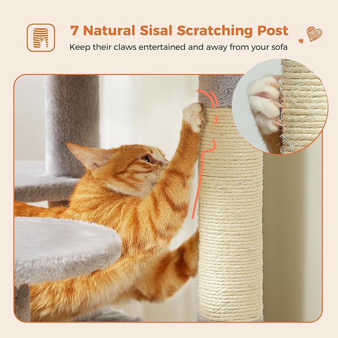 Cat Tree for Indoor Cats, 64.5" Tall Cat Tower with 2 Cozy Condos, Scratching Posts, Large Hammock and Dual Padded Perches, Multi-Level Activity Center for Large Cats, Grey