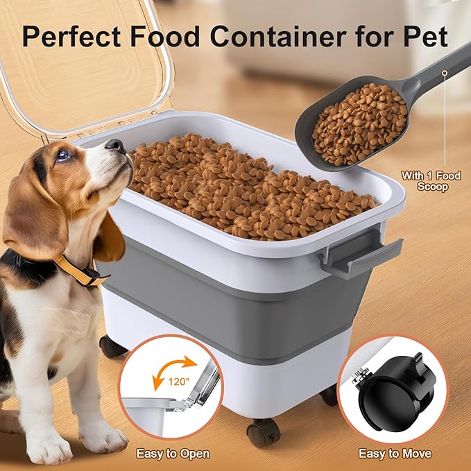 Dog Food Storage Container, 15-23 Lbs Collapsible Dog Food Container with Transparent Airtight Lid, Wheels and Scoop, Travel Pet Food Storage Container for Cat, Dog and Bird, Keep Dry Food Fresh