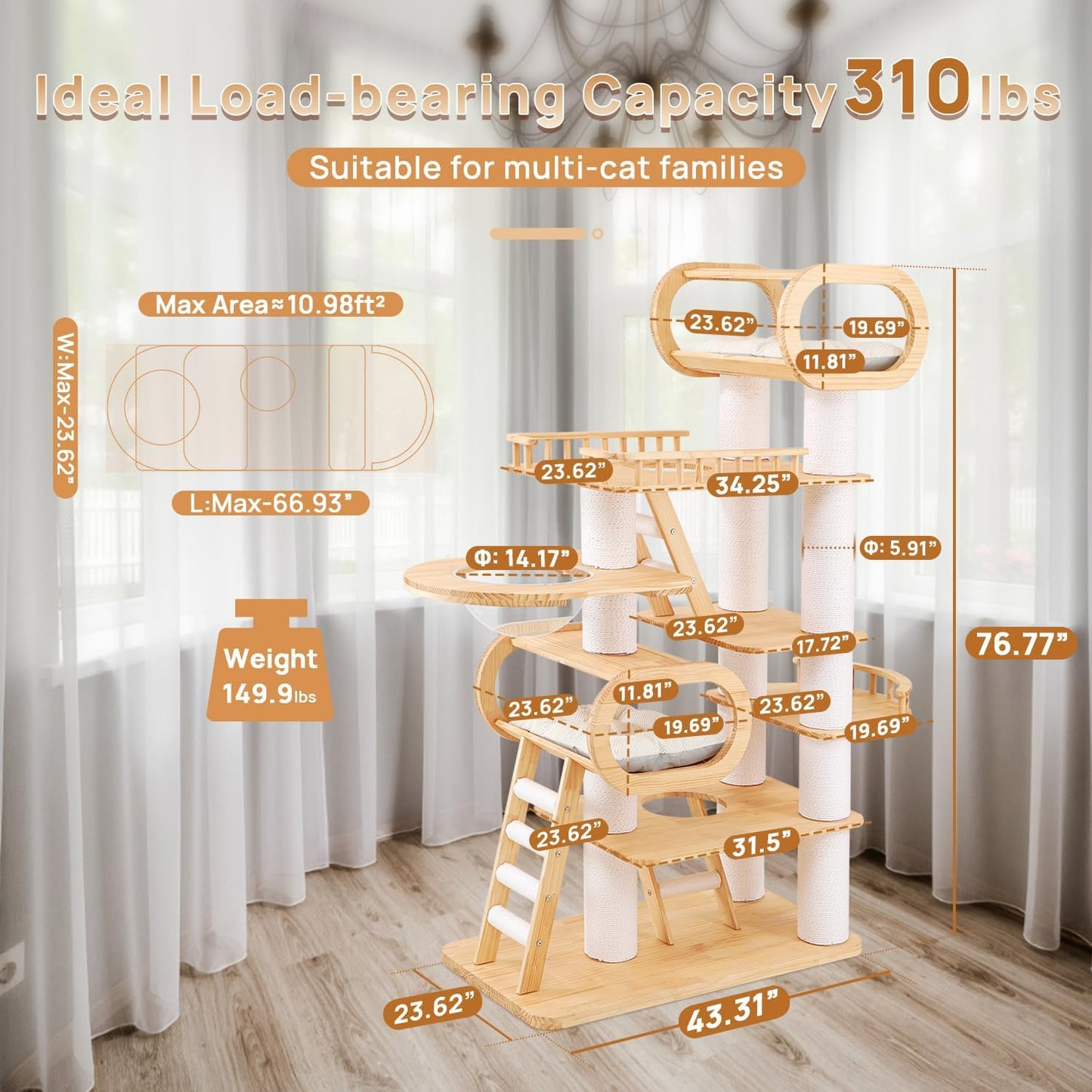 77‘’ Modern Cat Tree, Tall Wood Cat Tower for Indoor Cats Large Adult, Heavy Duty Cat Tree with Scratching Post, Luxury Kitty Condo, Sturdy Cat Furniture with 1 Transparent Bed and 3 Climb Labber