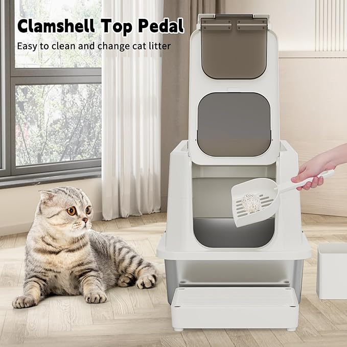 RIZZARI Stainless Steel Cat Box: Leak-Proof Large Enclosed Litter Pan Indoor Odorless Tray for Multiple Cats - Beige - for Cats Under 20 lbs - Ideal for Laundry Room Balcony