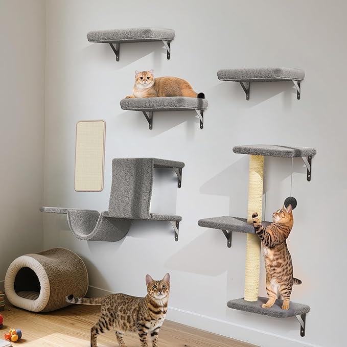 6-in-1 Wall Mounted Cat Climber Set for Heavy Cats，Wall Shelves,Stable & Safe Cat Furniture Set for Large Cats, Wooden Climbing Wall with Scratching Post（ Gray）
