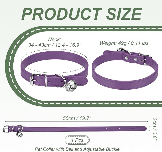 Dog Collar with Bell, Pu Leather Cat Collars Pet Basic Soft Padded Adjustable Buckle, 20" (Purple, 1 Pcs), Intended for Teacup/Little Dog/Kitten Cats/Small Animals