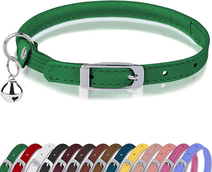 OOPSDOGGY Rolled Leather Cat Collar with Bell, Reflective Kitten Collars with Buckle Include Safety Elastic Strap - Adjustable Small Pet Collars for Boy Girl Cats (Green)