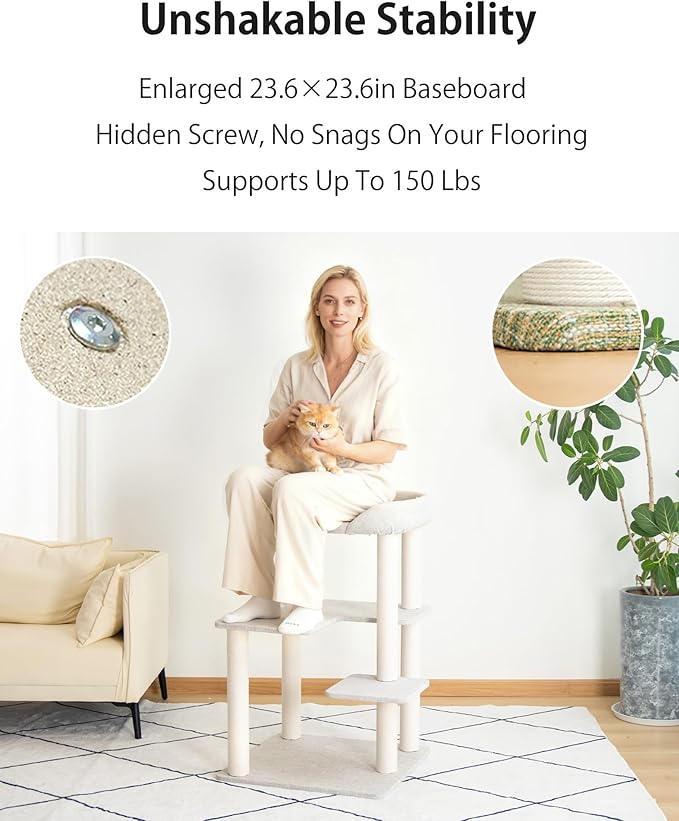 Cat Tree Tower Wooden 37.4''(95 cm), Large Cat Tree with Jump Platform & Play Ball for Indoor Cats, Ideal Cat's Climbing Frame & Playhouse (Linen Fabric Light Grey)