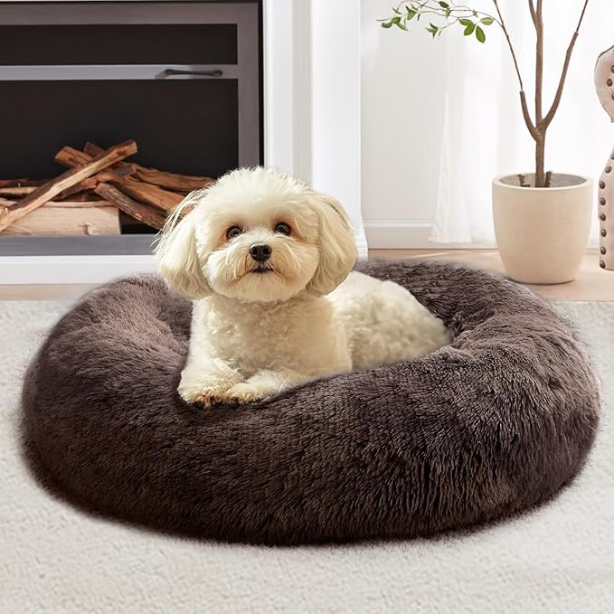 JOLLYVOGUE Small Dog & Cat Beds for Indoor Cats, Donut Cuddler Warming Soft Dog Beds with Anti-Slip Bottom, Round Calming Fluffy Plush Faux Fur Cushion Bed for Medium Dogs (31")