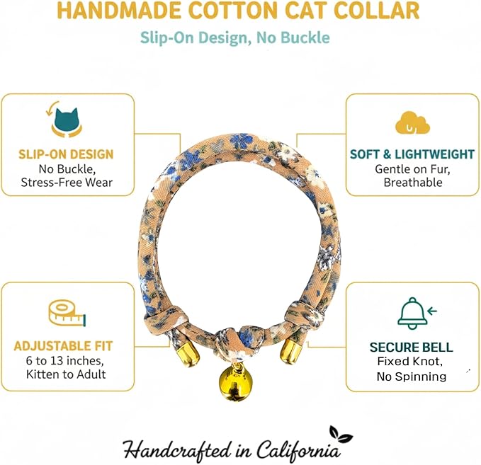 Handmade Cotton Cat Collar with Bell – Adjustable Slip-On Design, No Buckle, Lightweight Rope Collar for Kittens, Indoor Cats, and Small Pets (Dune)