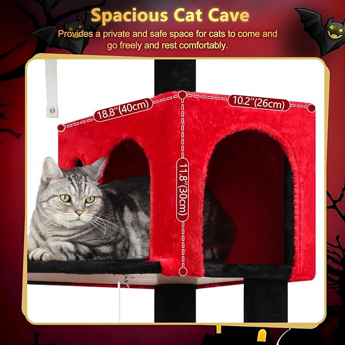 Globlazer Gothic Cat Tree Tower with Scratching Post for Indoor Cats, 53inch Tall Plush Multi-Level Cat Climbing Tower Condo with Large Hammock, Spacious Cat Cave, Padded Top Perch, F53, Red Black
